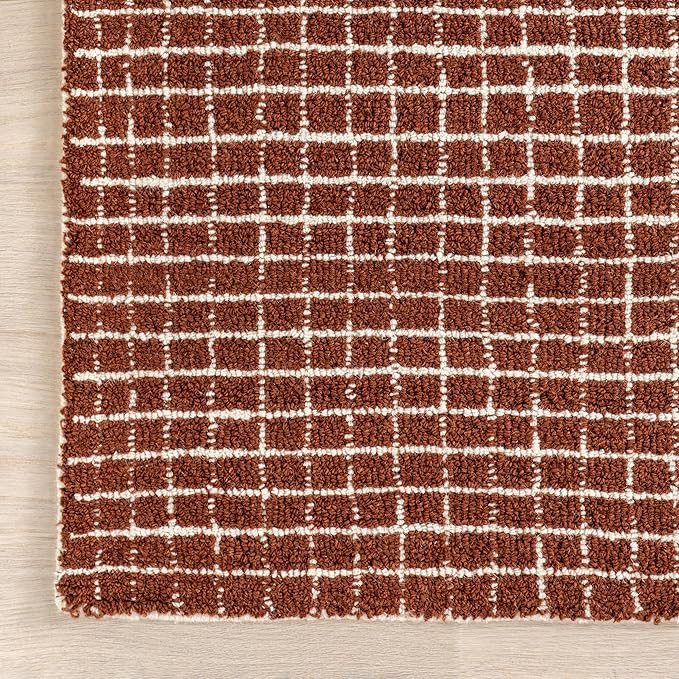 Rugs USA 8'6" x 11'6" Melrose Checked Wool Indoor Area Rug, Contemporary Farmhouse Chestnut/Ivory for Living Room, Bedroom, Office, Entryway, Hallway