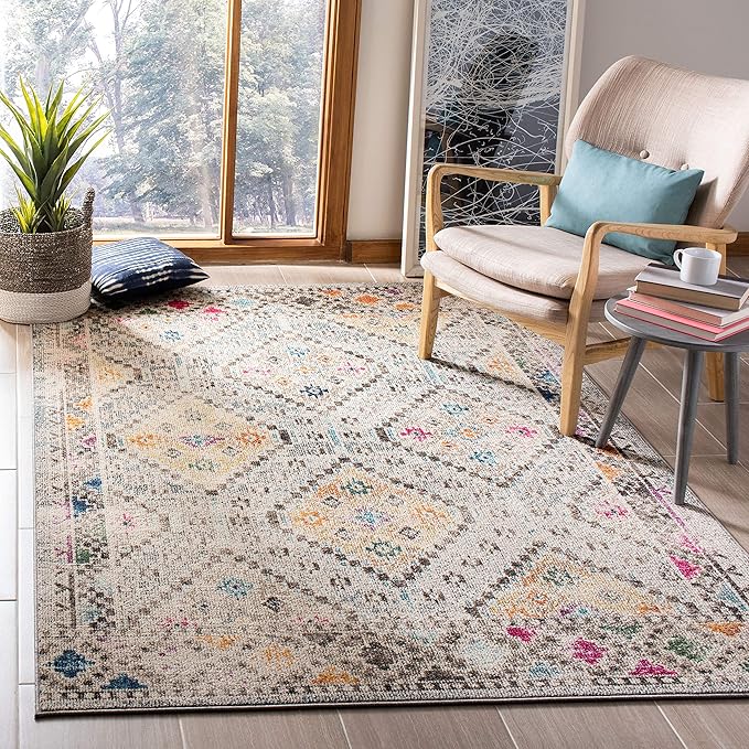 SAFAVIEH Madison Collection Area Rug - 6' x 9', Grey & Yellow, Boho Diamond Distressed Design, Non-Shedding & Easy Care, Ideal for High Traffic Areas in Living Room, Bedroom (MAD418F)
