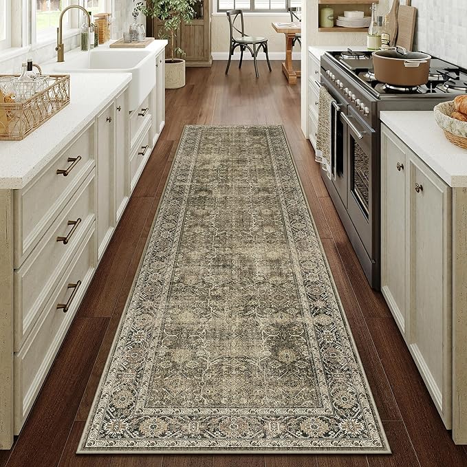 Light Brown 2x8 Vintage Area Rug Hallway Indoor Kitchen Washable Living Room Carpet Tribal Distressed Rug Retro Accent Throw Rug for Office Dining Room Bathroom Faux Wool