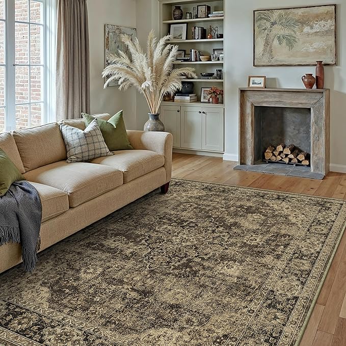 HUGEAR Retro Brown Area Rug 9x12 Machine Washable Living Room Rugs Distressed Vintage Floral Low Pile Carpet Bedroom Office Dining Room Laundry Room Non Slip Soft Lightweight