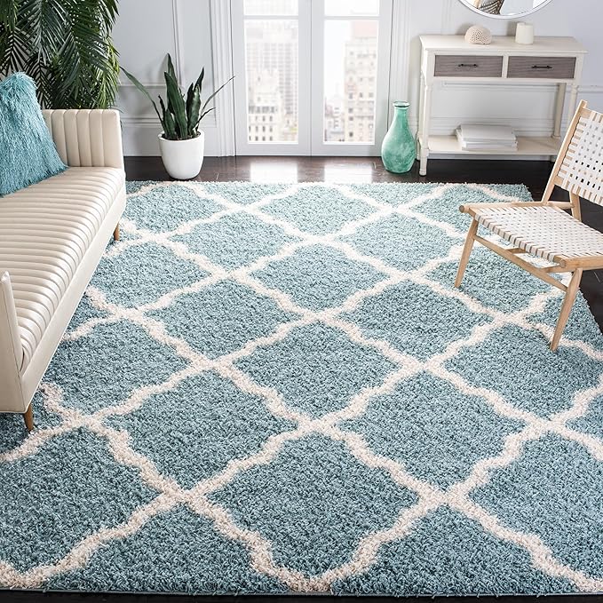 SAFAVIEH Dallas Shag Collection Area Rug - 8'6" x 12', Seafoam & Ivory, Trellis Design, Non-Shedding & Easy Care, 1.5-inch Thick Ideal for High Traffic Areas in Living Room, Bedroom (SGD257C)
