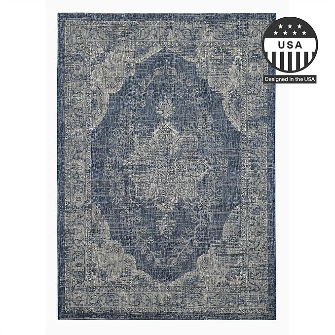 FH Home Outdoor Rug - Waterproof Easy to Clean Stain Resistant - Patio Indoor Outdoor Porch Deck Balcony Entryway - Vintage Distressed - Gorgan - Blue - 5ft 2in x 7ft 6in
