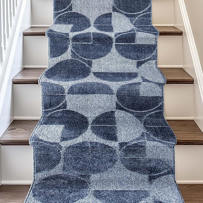 Well Woven Custom Size Hallway & Stair Runner- Harlow Harmony Blue 27 Inches Wide x 15 Feet Long Runner (27" x 15') Runner Rug - Modern Geometric Pattern, Ultra-Soft, Easy-Clean
