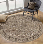 HUGEAR Round Rug 4ft Entryway Rugs Machine Washable Brown Hallway Area Rug 4x4 Small Circle Accent Rug Floral Low Pile Carpet Soft Throw Rug Living Room Office Laundry Room Entrance Non Slip