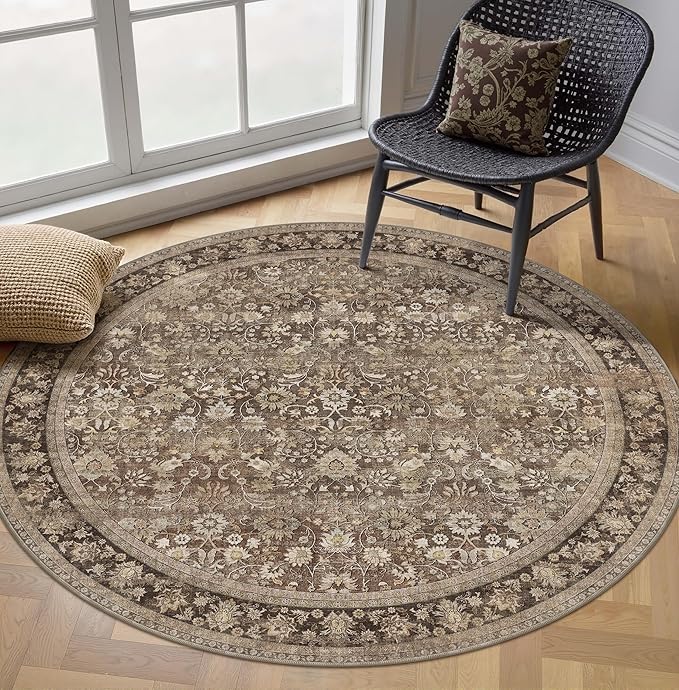 HUGEAR Round Rug 6ft Entryway Rugs Machine Washable Brown Hallway Area Rug 6x6 Large Circle Accent Rug Floral Low Pile Carpet Soft Throw Rug Living Room Office Laundry Room Entrance Non Slip