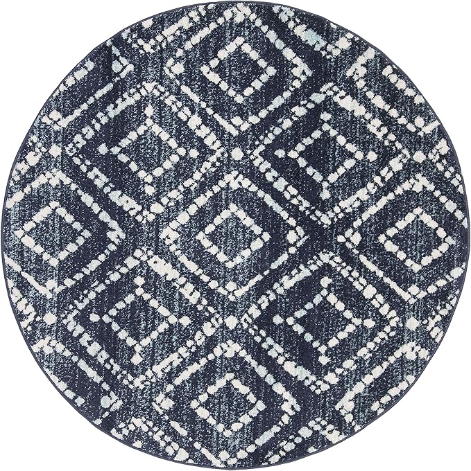 SAFAVIEH Adirondack Collection 8' Round Navy/Ivory ADR131N Modern Diamond Distressed Non-Shedding Living Room Bedroom Area Rug