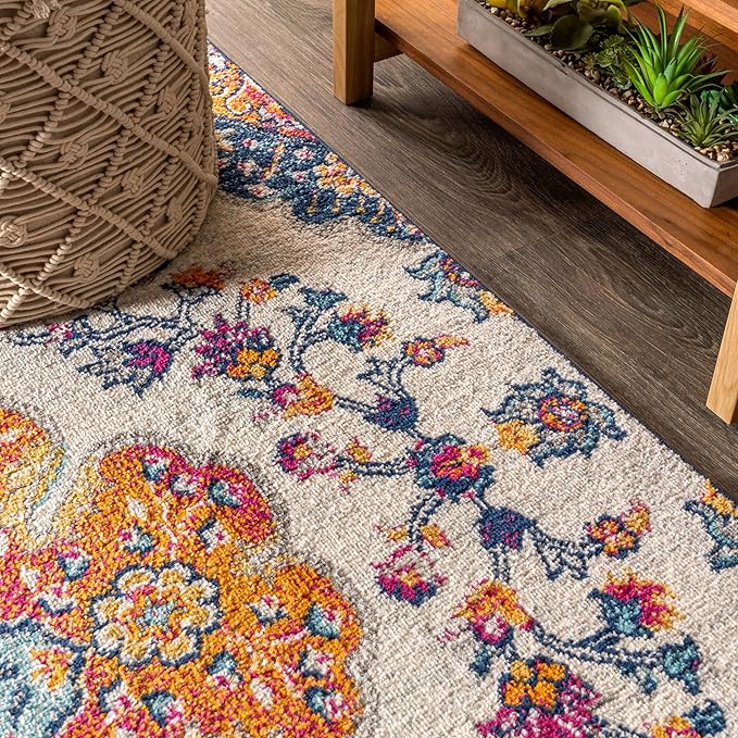 JONATHAN Y Boho Vintage Blue/Multi 7' Round Area Rug, Bohemian Flair Medallion, Floral Easy-Cleaning High Traffic for Living Room, Bedroom, Kitchen, Pet-Friendly, Non Shedding (BMF106A-7R)