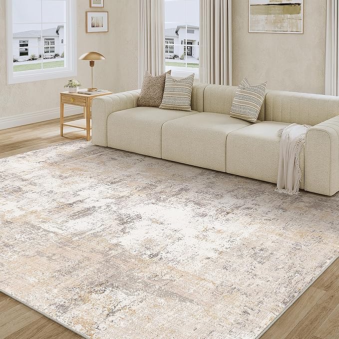 6x9 Washable Area Rug Beige Grey Abstract Living Room Bedroom Throw Rug Neutral Modern Non Slip Soft Low Pile Indoor Carpet for Dining Room Office Entryway