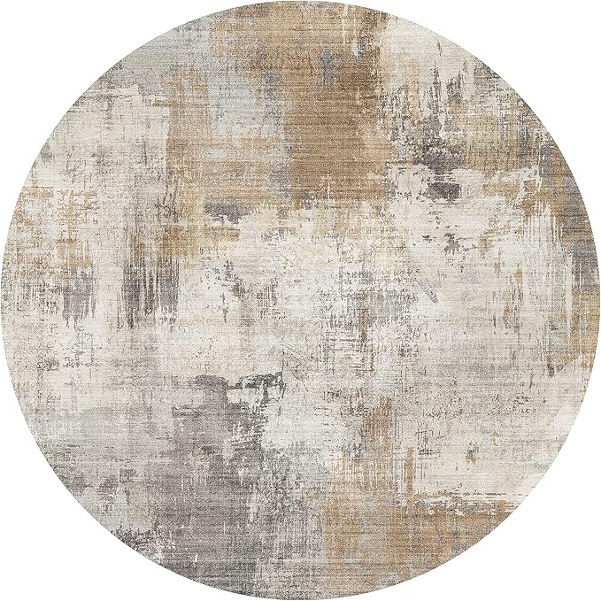 ReaLife Rugs Machine Washable Area Rug - Living Room Bedroom Bathroom Kitchen Entryway Office - Padded Low Pile Stain Resistant Premium - Modern Abstract Contemporary - Quinn - Beige 6' Round
