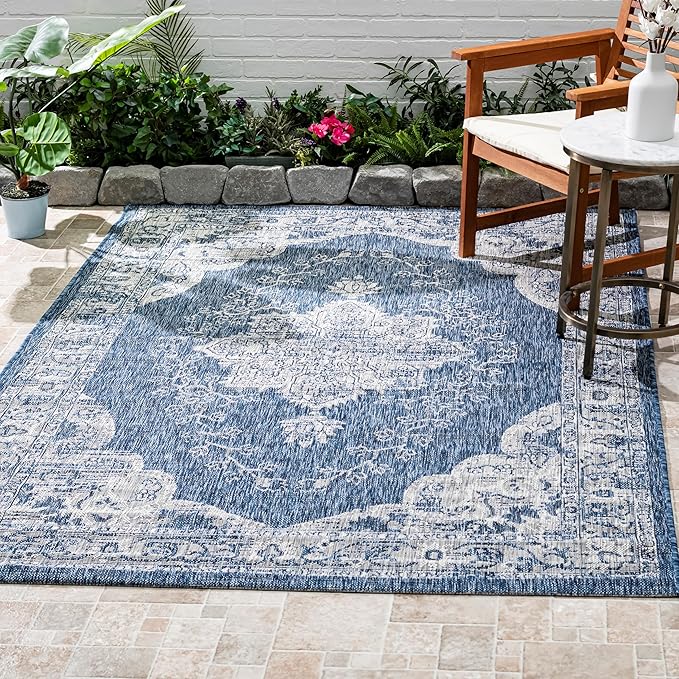 FH Home Outdoor Rug - Waterproof Easy to Clean Stain Resistant - Patio Indoor Outdoor Porch Deck Balcony Entryway - Vintage Distressed - Gorgan - Blue - 5ft 2in x 7ft 6in