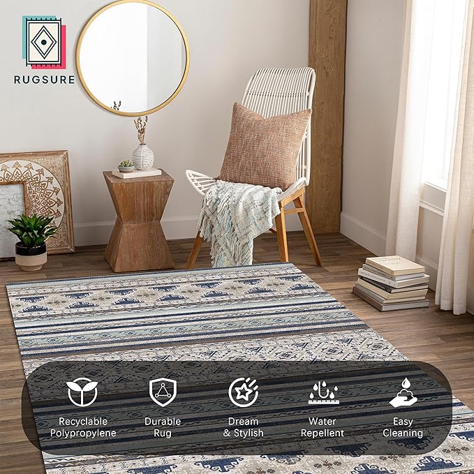 RUGSURE Washable Area Rugs 5' x 7' - 1/6 Thick - Moroccan-Inspired -Stain & Water Resistant Non-Slip - Resistant Rug for Living Room, Bedroom, Nursery, Pet & Child Friendly (Blue and Brown)