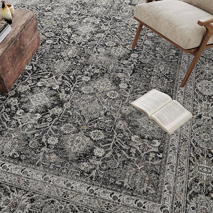Black Runner Rug 2'6"x12' Vintage Area Carpet Hallway Long Indoor Kitchen Washable Living Room Low Pile Traditional Distressed Retro Accent Rug Non Slip Laundry Bathroom Office Dining Room