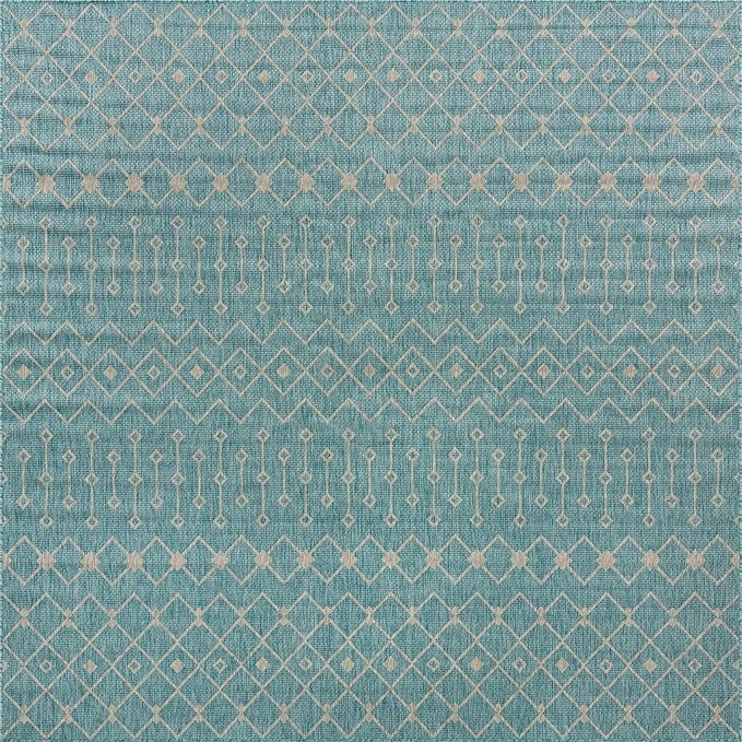 Unique Loom Outdoor Trellis Collection Area Rug - Tribal Trellis (10' 8" Square, Aqua/ Ivory)