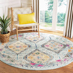 SAFAVIEH Madison Collection 3' Round Blue / Yellow MAD418K Boho Diamond Distressed Non-Shedding Dining Room Entryway Foyer Living Room Bedroom Area Rug