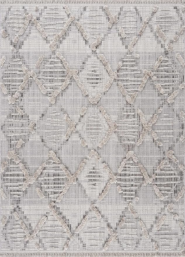 Hauteloom Bogtong Farmhouse Living Room Bedroom Moroccan Trellis Area Rug - Soft Shaggy High Low Carpet - High Pile - Bohemian, Boho - Gray, Beige, Cream - 6'7" x 9'