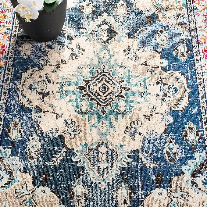 SAFAVIEH Monaco Collection Area Rug - 10' x 14', Navy & Light Blue, Boho Chic Medallion Distressed Design, Non-Shedding & Easy Care, Ideal for High Traffic Areas in Living Room, Bedroom (MNC243N)