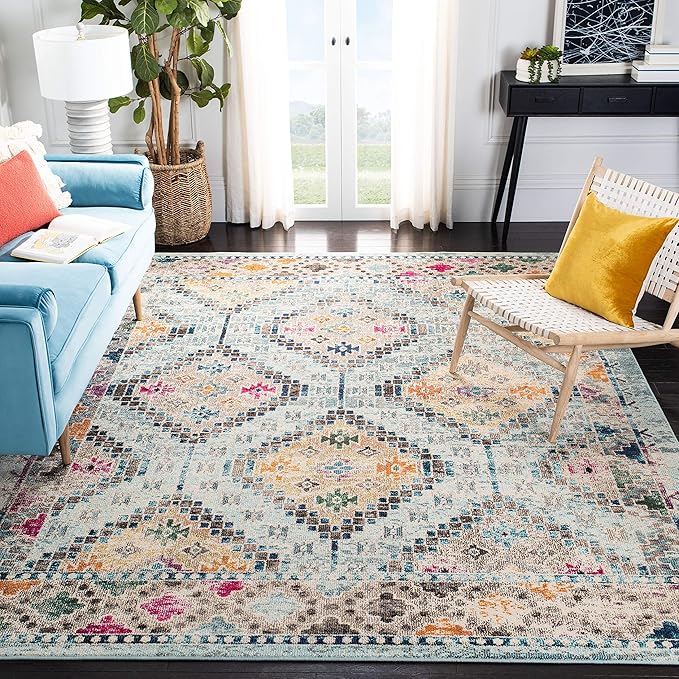 SAFAVIEH Madison Collection Area Rug - 3' Square, Blue & Yellow, Boho Diamond Distressed Design, Non-Shedding & Easy Care, Ideal for High Traffic Areas in Living Room, Bedroom (MAD418K)