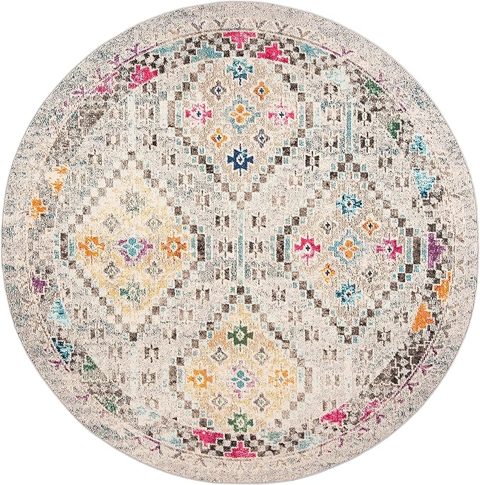 SAFAVIEH Madison Collection Area Rug - 6'7" Round, Grey & Yellow, Boho Diamond Distressed Design, Non-Shedding & Easy Care, Ideal for High Traffic Areas in Living Room, Bedroom (MAD418F)