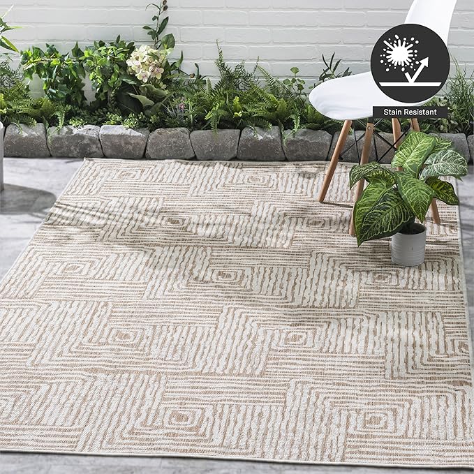 FH Home Flat Woven Outdoor Rug - Waterproof, Easy to Clean, Stain Resistant - Premium Polypropylene Yarn - Modern Geometric - Patio, Deck, Porch, Balcony - Budapest - Beige - 2ft 7in x 4ft 11in
