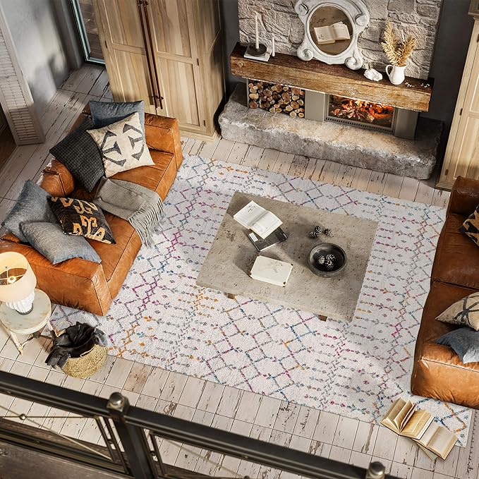 JONATHAN Y Boho Vintage Diamond Ivory/Multi Indoor Area Rug 4X6 ft, Moroccan Hype for Living Room, Bedroom, Kitchen, Office, Easy-Cleaning, High Traffic, Pet-Friendly, Non-Shedding (MOH101E-4)