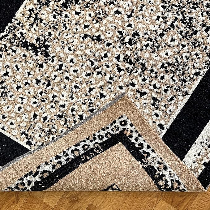 Alfa Rich 7x10 Leopard Beige Black Washable Area Rugs for Living Room Bedroom Reversible Cotton Rug