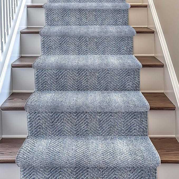 Well Woven Custom Size Hallway & Stair Runner- Harlow Pompeii Light Blue 27 Inches Wide x 95 Feet Long Runner (27" x 95') Runner Rug - Modern Chevron Pattern, Ultra-Soft, Easy-Clean