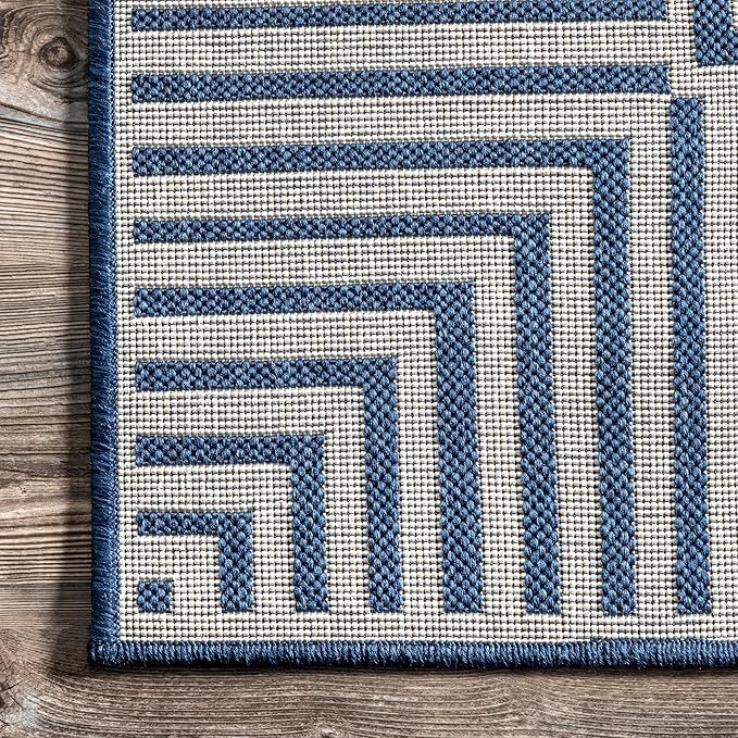 Nuloom Asha Navy/Ivory, 6'7" Square, Casual, Striped Border, Soft and Cozy, High Traffic, Stain Resistant, Easy Clean, Durable Area Rug for Indoor/Outdoor Patio, Deck, Porch, Garden, Courtyard