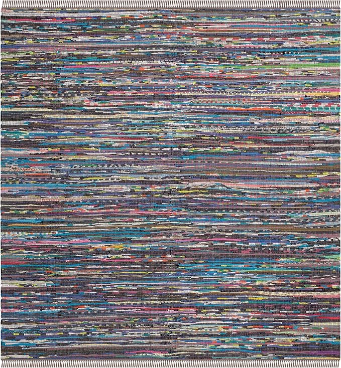 SAFAVIEH Rag Rug Collection Area Rug - 4' Square, Rust & Multi, Handmade Boho Stripe Cotton, Ideal for High Traffic Areas in Living Room, Bedroom (RAR121E)