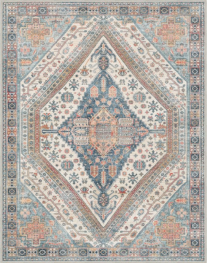Bavni Washable Rug 8x10 Area Rug for Living Room Bedroom Dining, Washable Vintage Print Carpet, Ultra-Thin Chenille Low Pile Lightweight Rug with Non Slip Backing, Blue/Orange