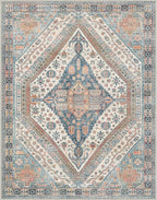 Bavni Washable Rug 8x10 Area Rug for Living Room Bedroom Dining, Washable Vintage Print Carpet, Ultra-Thin Chenille Low Pile Lightweight Rug with Non Slip Backing, Blue/Orange