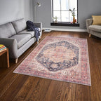 GLN Rugs Traditional Collection - Machine Washable Area Rug, Traditional Washable, Non Slip, Low Pile Chenille Rug, Living Room, Bedroom, Kitchen Rug (3' x 5' Black/Terra)