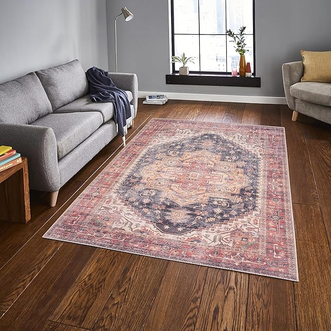 GLN Rugs Traditional Collection - Machine Washable Area Rug, Traditional Washable, Non Slip, Low Pile Chenille Rug, Living Room, Bedroom, Kitchen Rug (3' x 5' Black/Terra)