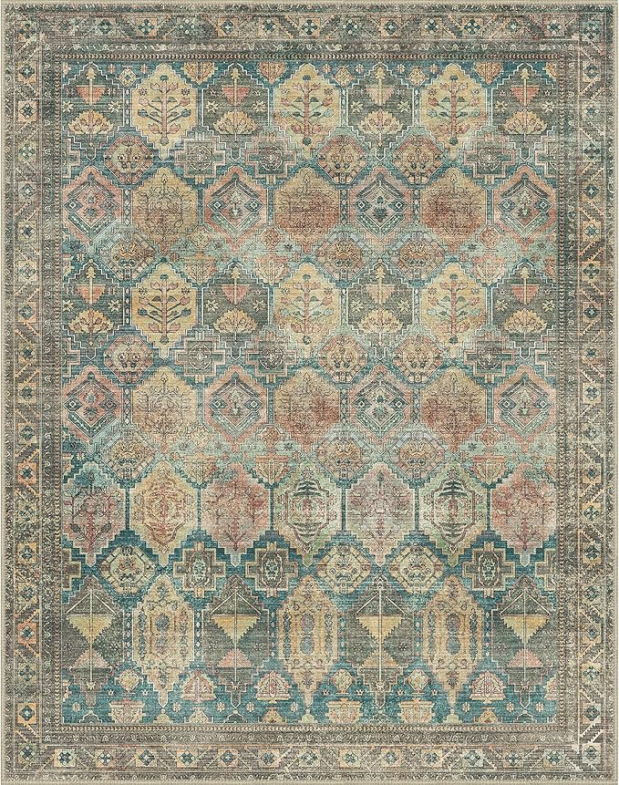 Bavni Washable Rug 5x7 Area Rug for Living Room Bedroom Dining, Washable Vintage Print Carpet, Ultra-Thin Low Pile Lightweight Rug with Non Slip Backing, Multi Green