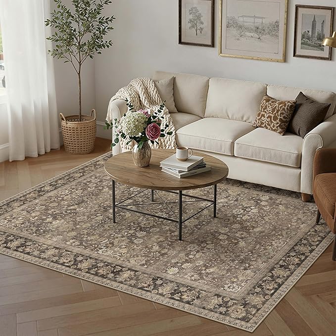 HUGEAR 3x5 Machine Washable Rugs Brown Hallway Area Rug Indoor Accent Rug Floral Mid Pile Carpet Soft Thicker Throw Rug Bedroom Living Room Office Dining Room Kitchen Laundry Room Non Slip