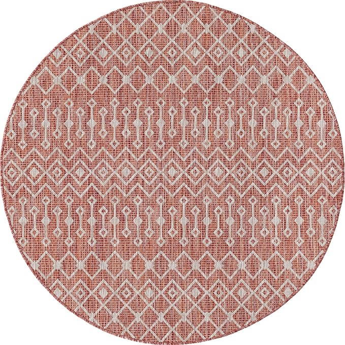 Unique Loom Outdoor Trellis Collection Area Rug - Tribal Trellis (5' 3" Round, Rust Red/ Ivory)