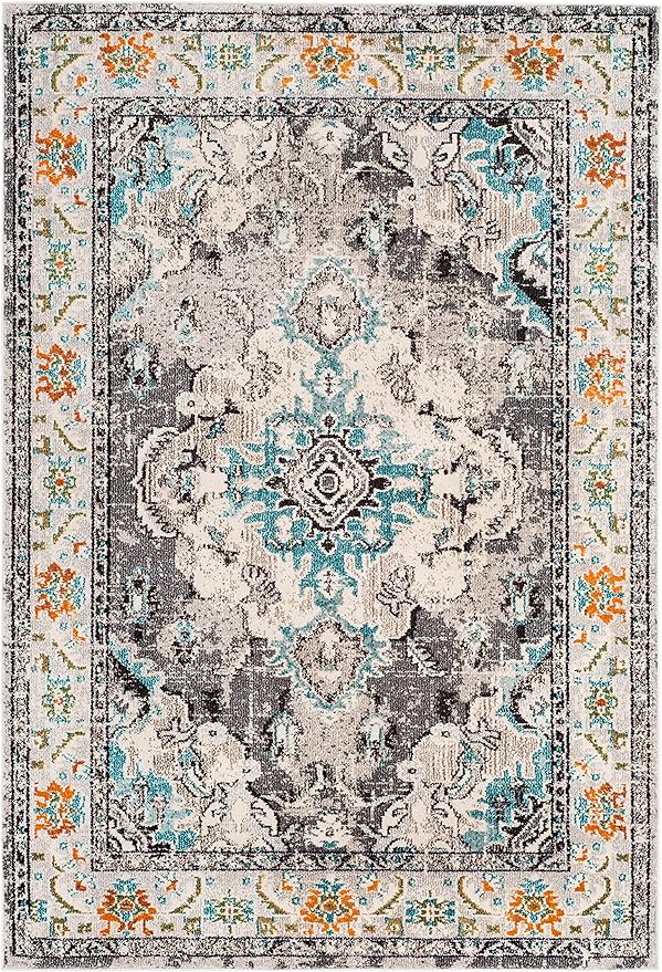 SAFAVIEH Monaco Collection Area Rug - 9' x 12', Grey & Light Blue, Boho Chic Medallion Distressed Design, Non-Shedding & Easy Care, Ideal for High Traffic Areas in Living Room, Bedroom (MNC243G)
