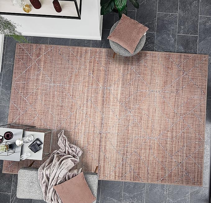 GLN Rugs Contemporary Collection - Machine Washable Area Rug, Contemporary Washable, Non Slip, Low Pile Chenille Rug, Living Room, Bedroom, Kitchen Rug (6' x 9' Terra/Brown)