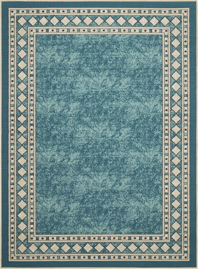 Antep Rugs Alfombras Modern Bordered 3x5 Non-Skid (Non-Slip) Low Profile Pile Rubber Backing Indoor Area Rugs (Blue, 3' x 5')