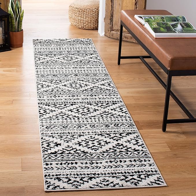 SAFAVIEH Tulum Collection Runner Rug - 2' x 15', Ivory & Black, Moroccan Boho Tribal Design, Non-Shedding & Easy to Clean, Ideal for Living Room, Hallway, Foyer, Bedroom (TUL272B)