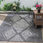 FH Home Flat Woven Outdoor Rug - Waterproof, Easy to Clean, Stain Resistant - Premium Polypropylene Yarn - Boho Moroccan - Large Patio, Deck, Sunroom - Ariana - Charcoal - 7ft 8in x 9ft 8in