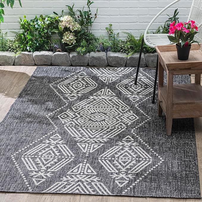 FH Home Flat Woven Outdoor Rug - Waterproof, Easy to Clean, Stain Resistant - Premium Polypropylene Yarn - Boho Moroccan - Large Patio, Deck, Sunroom - Ariana - Charcoal - 7ft 8in x 9ft 8in