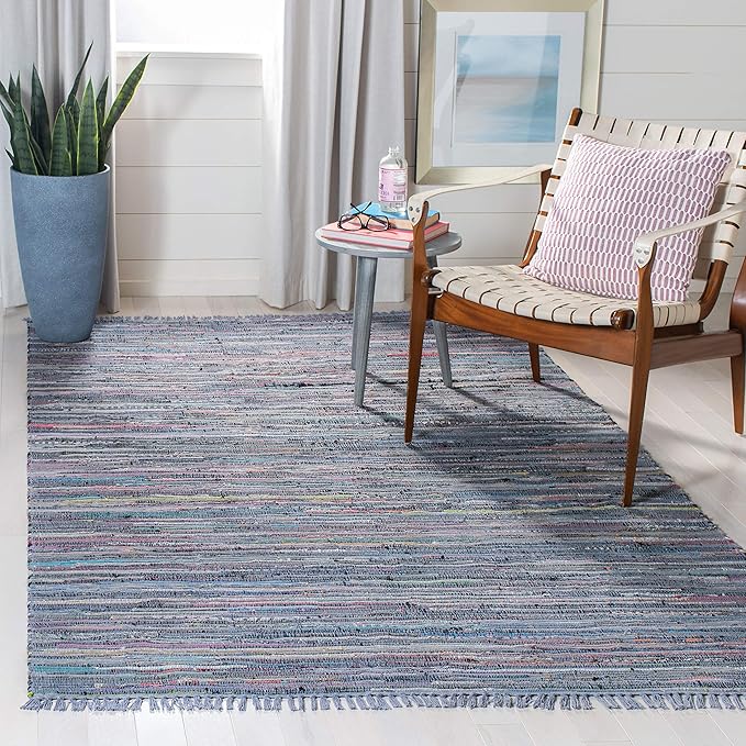 SAFAVIEH Rag Rug Collection Area Rug - 4' Square, Purple & Multi, Handmade Boho Stripe Cotton, Ideal for High Traffic Areas in Living Room, Bedroom (RAR121D)