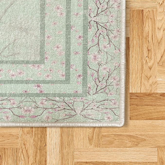 Ambesonne Apple Blossom Decorative Rug, Flowers and Blooming Spring Season Branches Nature Garden Romance, Quality Carpet for Bedroom Dorm and Living Room, 4' X 5' 5", Mint Green and Pink