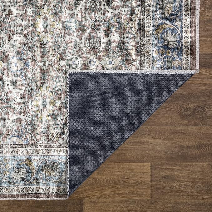 Bloom Rugs Caria Washable Non-Slip 12 ft Runner - Blue/Red Brown Traditional Runner for Entryway, Hallway, Bathroom, and Kitchen - Exact Size: 2'6" x 12'