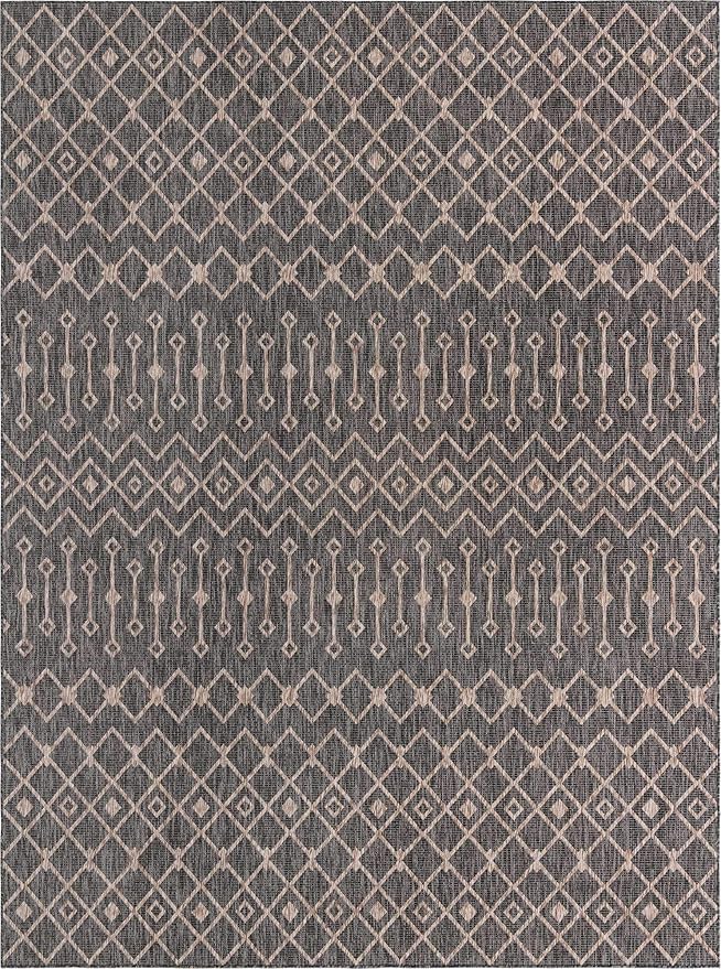 Unique Loom Outdoor Trellis Collection Area Rug - Tribal Trellis (10' x 13' 1" Rectangle, Charcoal Gray/ Natural)