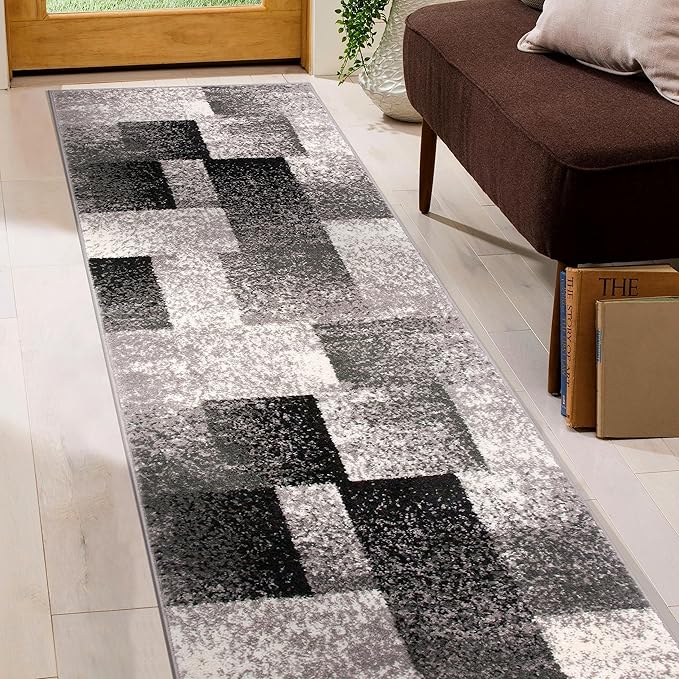 Rugshop Gray Modern Distressed Boxes Non-Shedding Runner Rug, Durable Low-Maintenance Design for Hallway, Corridor and Kitchen, 2' x 7'