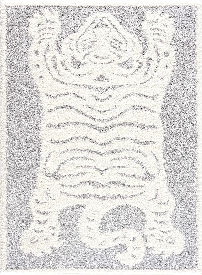 Hauteloom Tilos Moroccan Farmhouse Living Room Bedroom Nursery Shag Area Rug - Shaggy Carpet - Tiger Pattern - High Plush Pile - Light Grey, Beige, Cream - 5'3" x 7'