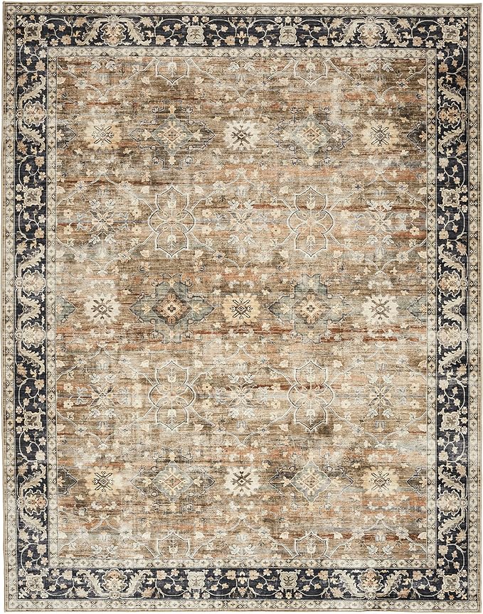 ReaLife Rugs Machine Washable Area Rug - Living Room Bedroom Bathroom Kitchen Entryway Office - Padded Low Pile Stain Resistant Premium - Boho Farmhouse Vintage - BEV - Beige Tan Brown 5' x 7'