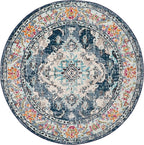 SAFAVIEH Monaco Collection Area Rug - 4' Round, Navy & Light Blue, Boho Chic Medallion Distressed Design, Non-Shedding & Easy Care, Ideal for High Traffic Areas in Living Room, Bedroom (MNC243N)