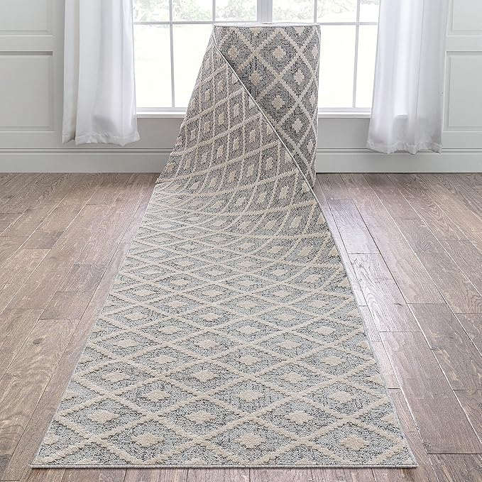 Well Woven Custom Size Hallway Stair Runner - Choose Your Length - Ainsley Grey Diamond Trellis Geometric Tribal - 31 Inches Wide x 55 Feet Long Runner (31" x 55' Runner) Rug